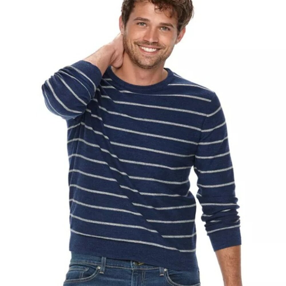 Men's Blue & Gray Stripe Cotton Crewneck Sweater (M) Excellent Condition
